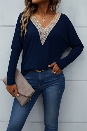 Modavera Kadın Uzun Kollu V Yakalı Yarasa Kollu Viskon Bluz