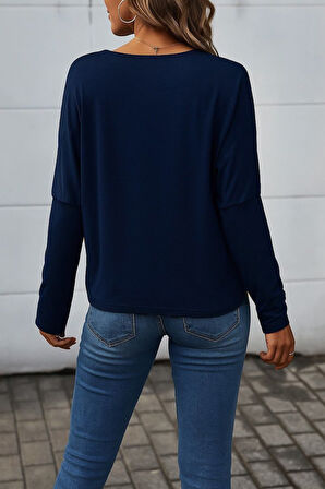 Modavera Kadın Uzun Kollu V Yakalı Yarasa Kollu Viskon Bluz