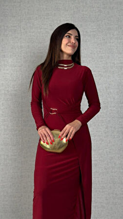 Modavera Kadın Balıkçı Yaka Toka Detay Sandy Kumaş Midi Boy Elbise