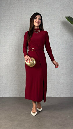 Modavera Kadın Balıkçı Yaka Toka Detay Sandy Kumaş Midi Boy Elbise