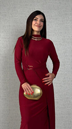 Modavera Kadın Balıkçı Yaka Toka Detay Sandy Kumaş Midi Boy Elbise