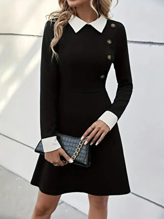 Modavera Kadın Uzun Kollu Yakalı A Kesim Kısa Ithal Krep Elbise