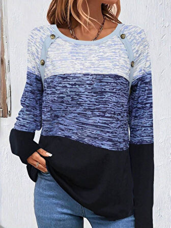 Modavera Kadın Uzun Kollu Yuvarlak Yaka Baskılı Düğme Detay Süprem Bluz