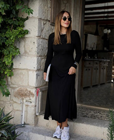 Modavera Kadın Uzun Kollu Bisiklet Yaka Arkası çapraz Detaylı Viskon Iki Iplik Maxi Elbise