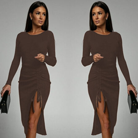 Modavera Kadın Uzun Kollu Yandan Büzgülü Yırtmaç Detay Kaşkorse Midi Boy Elbise