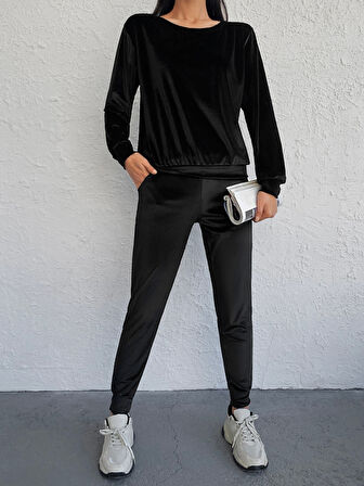 Modavera Kadın Siyah Uzun Kollu Tek Omuzu Açık Kadifetakım