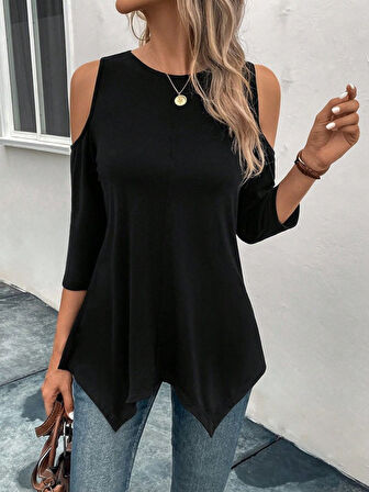 Modavera Kadın Omuzlardan Açık Sıfır Yaka Asimetrik Kesim Detay Viskon Bluz