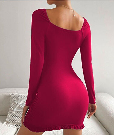 Modavera Kadın Uzun Kollu Derin V Yaka Göğüs Altı Dekolte Detay Etek Ucu Fırfırlı Sandy Mini Boy Elbise