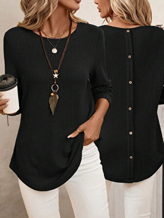 Modavera Kadın Uzun Kollu Yuvarlak Yaka Arkadan Düğmeli Waffle Bluz
