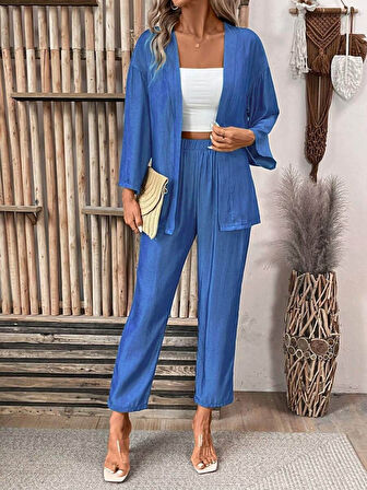 Modavera Kadın Uzun Kollu önü Açık Dokuma Ceket Ve Pantolon Ikili Takım