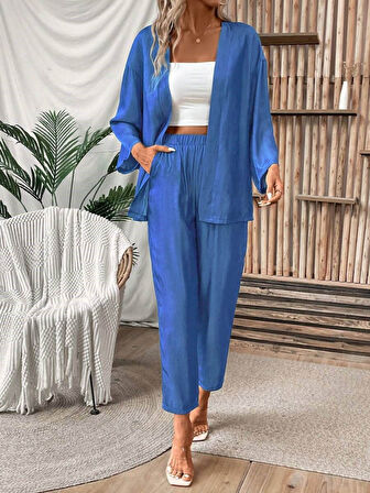 Modavera Kadın Uzun Kollu önü Açık Dokuma Ceket Ve Pantolon Ikili Takım