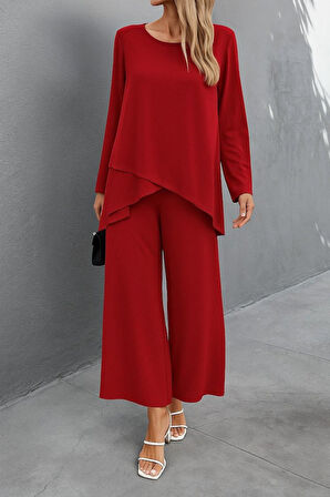 Modavera Kadın Uzun Kollu Asimetrik Detaylı Salaş Sandy Bluz Ve Pantolon Ikili Takım