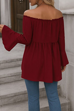 Modavera Kadın Uzun Kollu Madonna Yaka Asimetrik Detaylı Kolları Ispanyol Viskon Bluz