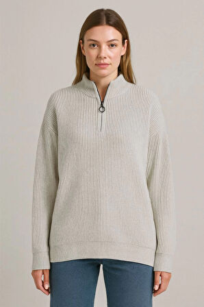 Modavera KADIN Yarım Fermuarlı Triko Kazak – Selanik Örgü, Dik Yaka, Pamuklu Dokuma, Oversize Uzun K