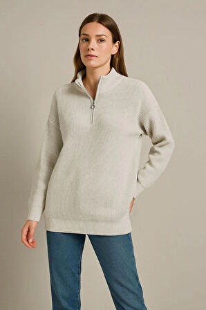 Modavera KADIN Yarım Fermuarlı Triko Kazak – Selanik Örgü, Dik Yaka, Pamuklu Dokuma, Oversize Uzun K