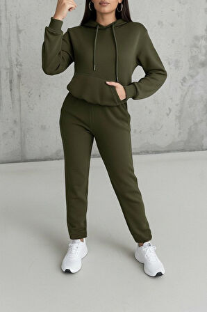 Modavera Kadın Uzun Kollu Kapşonlu Bağcıklı üç Iplik Bluz Ve Pantolon Ikili Takım