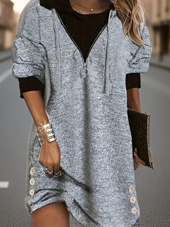 Modavera Kadın Uzun Kollu Kapşonlu önden Fermuarlı Düğmeli Mini Iki Iplik Elbise