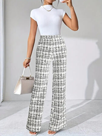 Modavera Kadın Yüksek Bel Paçaya Doğru Geniş Dokuma Pantolon