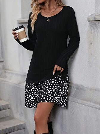 Modavera Kadın Uzun Kollu Bisiklet Yaka şardonlu Kaşkorse Bluz Ve Süprem Etek Elbise