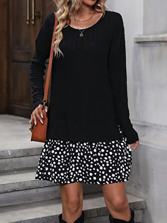 Modavera Kadın Uzun Kollu Bisiklet Yaka şardonlu Kaşkorse Bluz Ve Süprem Etek Elbise