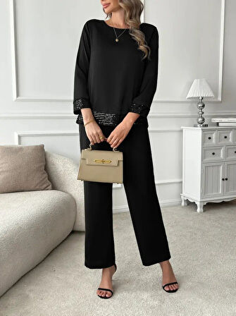 Modavera Kadın Uzun Kollu Bisiklet Yaka Pulpayetli Viskon Iki Iplik Bluz Ve Pantolon Ikili Takım