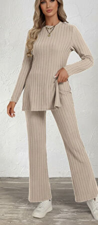 Modavera Kadın Uzun Kollu Bisiklet Yaka Yandan Yırtmaçlı şardonlu Kaşkorse Bluz Ve Pantolon Ikili Takım