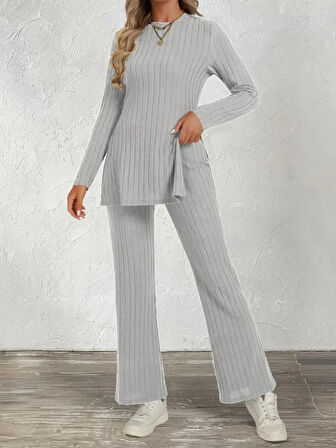 Modavera Kadın Uzun Kollu Bisiklet Yaka Yandan Yırtmaçlı şardonlu Kaşkorse Bluz Ve Pantolon Ikili Takım