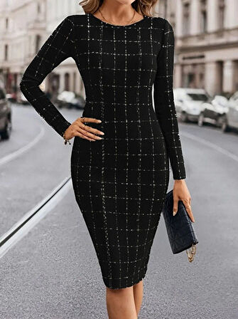 Modavera Kadın Uzun Kollu Yuvarlak Yaka Mini Dokuma Elbise