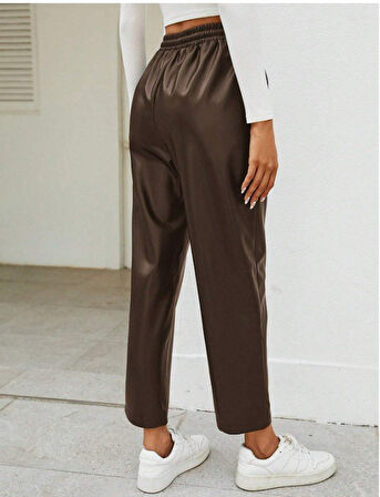 Modavera Kadın Yüksel Bel Bağcıklı Deri Pantolon