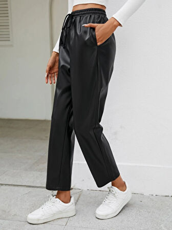 Modavera Kadın Yüksel Bel Bağcıklı Deri Pantolon