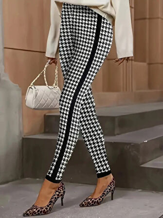 Modavera Kadın Yüksek Bel Kaz Ayağı Desenli Yanları şeritli Dalgıç Pantolon