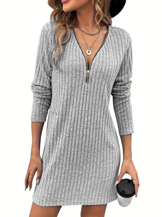 Modavera Kadın Uzun Kollu Yakadan Fermuarlı Kısa şardonlu Kaşkorse Elbise