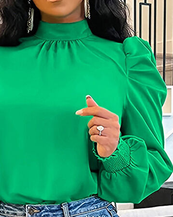 Modavera Kadın Uzun Kollu Balıkçı Yaka Arkadan Bağlamalı Omuzlardan Balon Ithal Krep Bluz