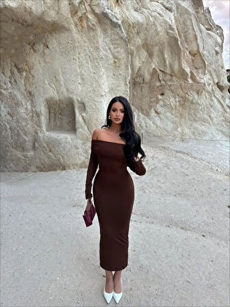 Modavera Kadın Uzun Kollu Madonna Yaka Midi Boy Elbise