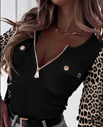 Modavera Kadın Uzun Kollu Leopar Desenli Fermuarlı önden Cep Ve Düğme Detaylı Kaşkorse Bluz