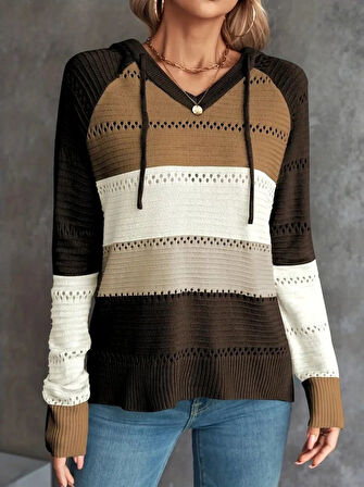 Modavera Kadın Uzun Kollu V Yakalı Bağcıklı Kapşonlu Triko Bluz