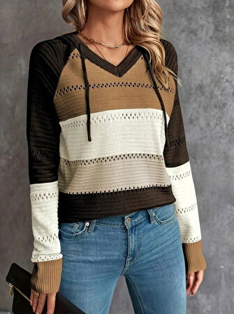 Modavera Kadın Uzun Kollu V Yakalı Bağcıklı Kapşonlu Triko Bluz