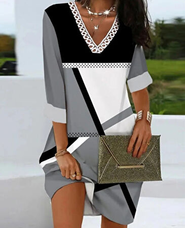 Modavera Kadın Fakir Kollu V Dantel Yaka Geometrik Desenli Dalgıç Elbise