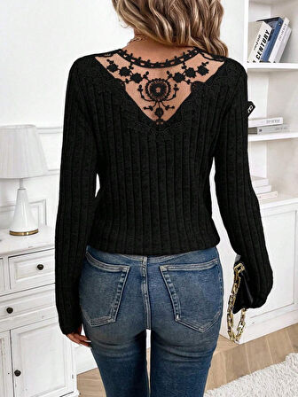 Modavera Kadın Uzun Kollu V Yakalı Arkadan Dantel Detaylı şardonlu Kaşkorse Bluz