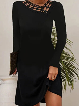 Modavera Kadın Uzun Kollu Dantel Yaka Ithal Krep Mini Elbise