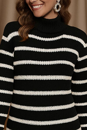 Modavera Kadın Uzun Kollu Degaje Yaka çizgili Sonya Iplik Mini Boy Triko Elbise (kemersiz)