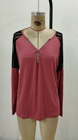 Modavera Kadın Uzun Kollu Yakadan Fermuarlı Viskon Bluz 