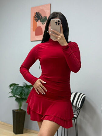 Modavera Kadın Uzun Kollu Balıkçı Yaka Mini Fırfırlı Sandy Elbise