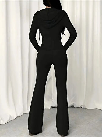 Modavera Kadın Uzun Kollu Kapşonlu Bağcıklı önü Fermuarlı Viskon Iki Iplik Bluz Ve Pantolon Ikili Takım