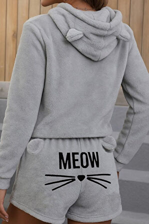 Modavera Kadın Uzun Kollu Kapşonlu Peluş Bluz Ve Kısa Short Ikili Takım