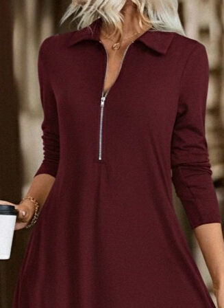 Modavera Kadın Uzun Kollu Yakalı önden Fermuarlı Uzun Viskon Iki Iplik Elbise