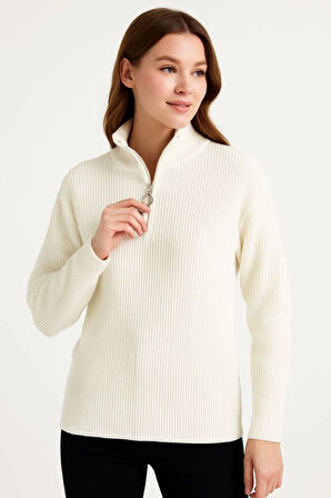 Modavera KADIN Yarım Fermuarlı Triko Kazak – Selanik Örgü, Dik Yaka, Pamuklu Dokuma, Oversize Uzun K