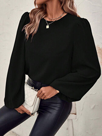 Modavera Kadın Uzun Kollu Yuvarlak Yaka Arkadan Bağcıklı Salaş Ithal Krep Bluz