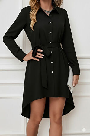 Modavera Kadın Uzun Kollu ön Kısım Kısım Arka Kısım Uzun Trikoton Gömlek Elbise