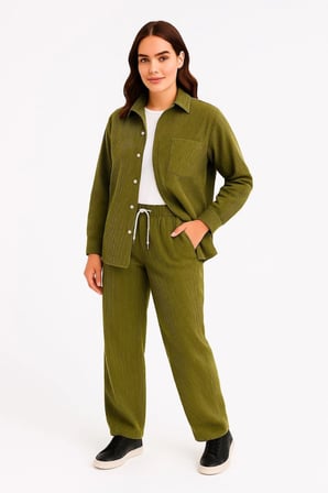 Modavera Kadife Oversize Takım – Gömlek Ve Pantolon İkili Set Füme Corduroy Şıklığı, Rahat Ve Zarif 